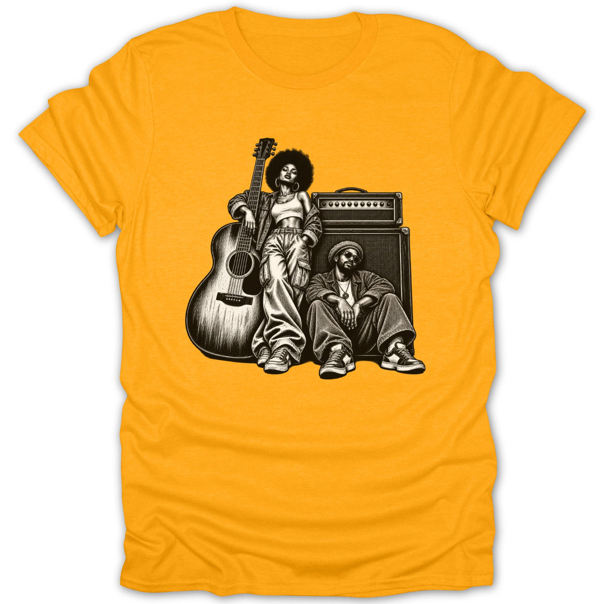 Illustration of two musicians with a guitar and amplifier on an orange t-shirt.