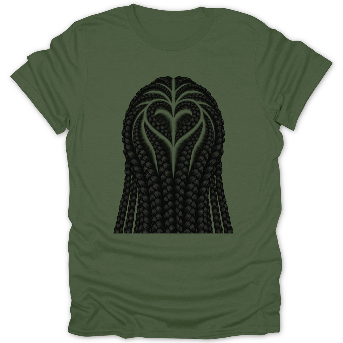 Green t-shirt with black braided hair forming a heart design.