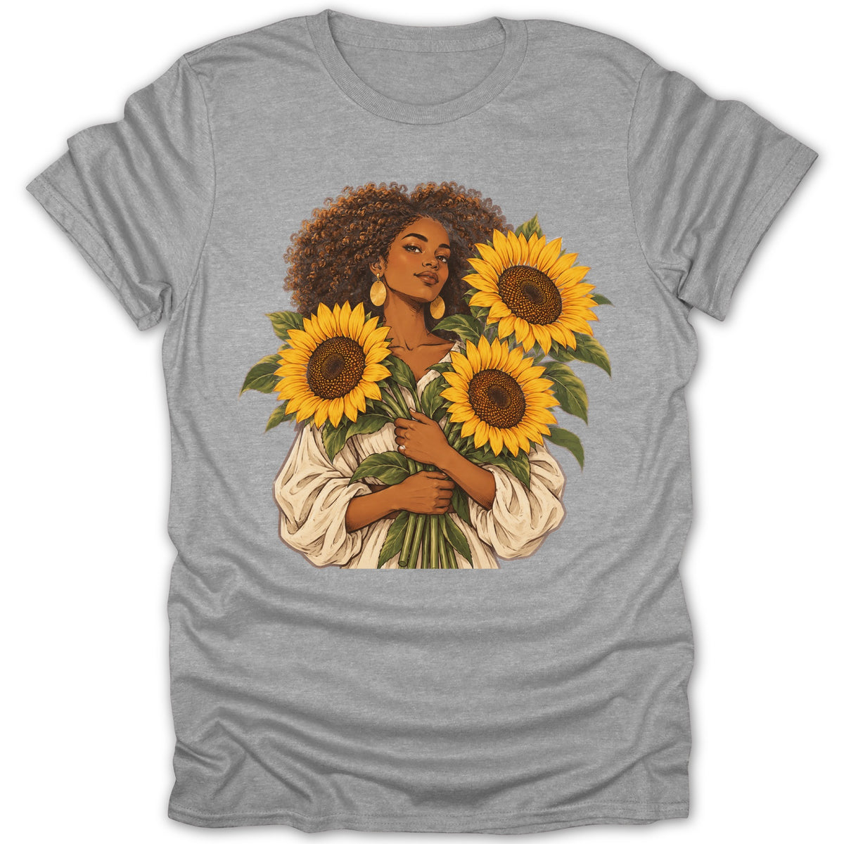 Woman holding a bouquet of sunflowers wearing a white top.