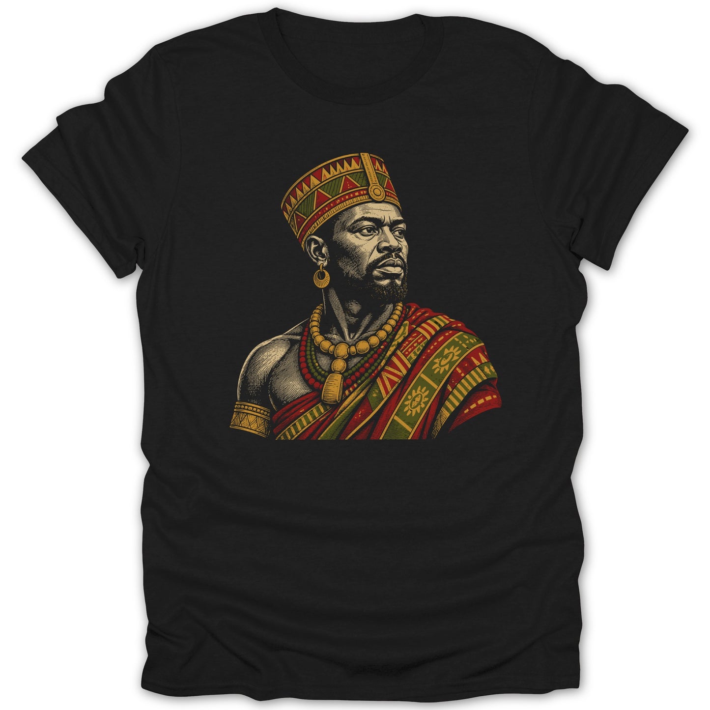 Black t-shirt with illustration of man in traditional African attire and headdress.