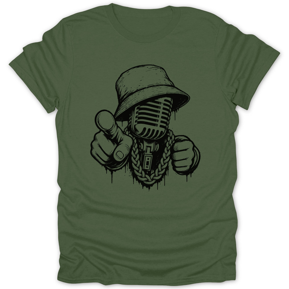 Microphone character wearing bucket hat and gold chain points forward.