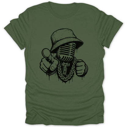 Microphone character wearing bucket hat and gold chain points forward.