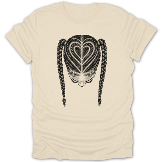 T-shirt with a braided hairstyle shaped like a heart.