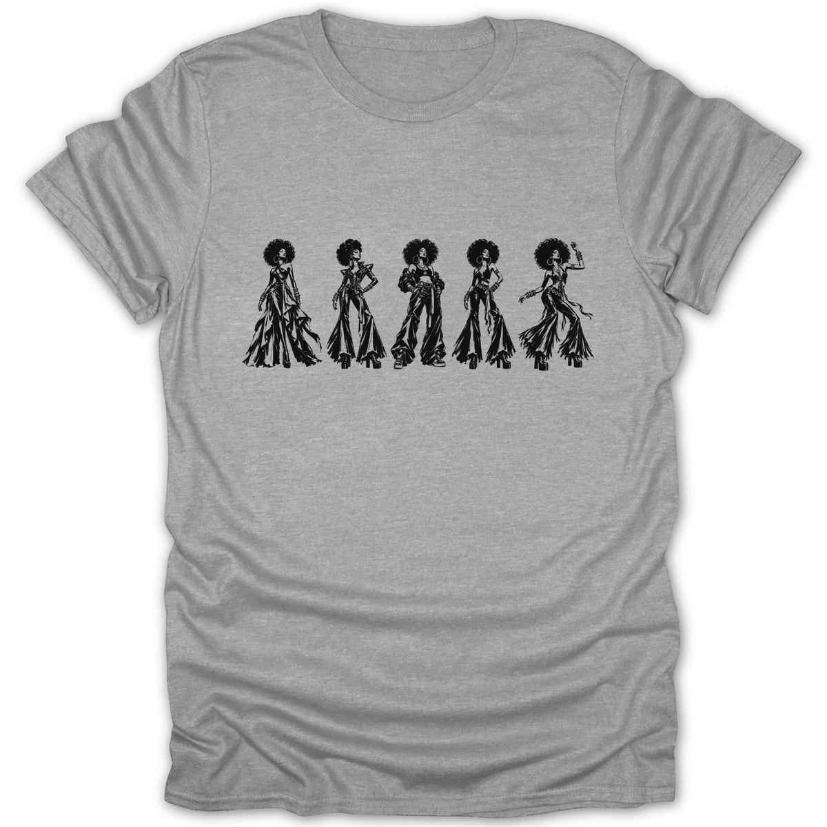 Five women with afros in fashionable 1970s outfits are drawn on a gray t-shirt.