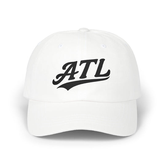 White baseball cap with black "ATL" lettering.