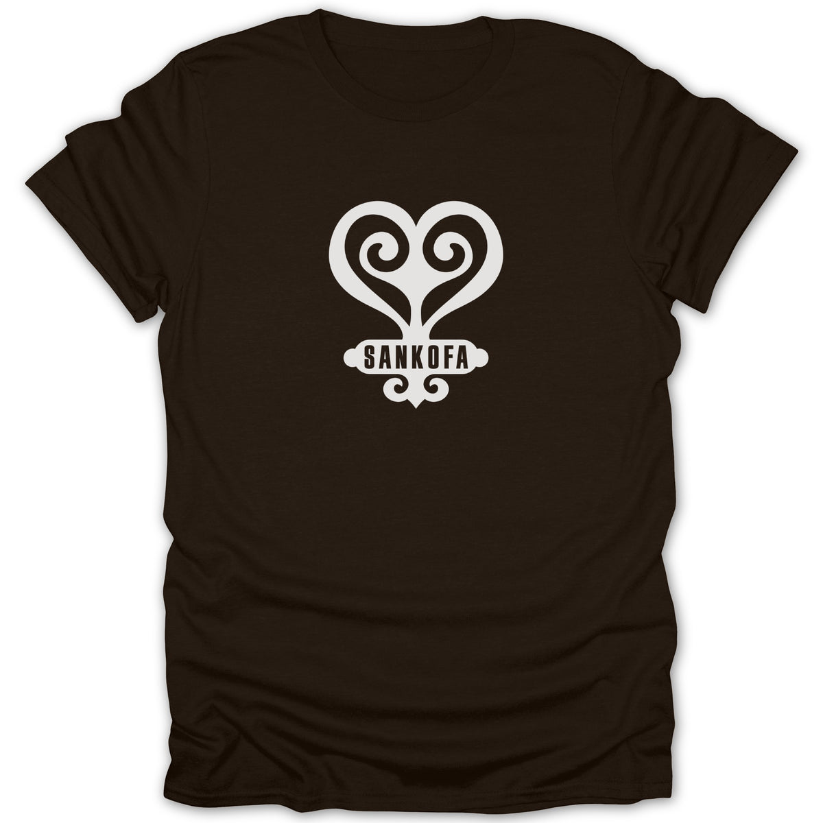 A black short-sleeved t-shirt featuring a white Sankofa symbol and text centered on the chest.