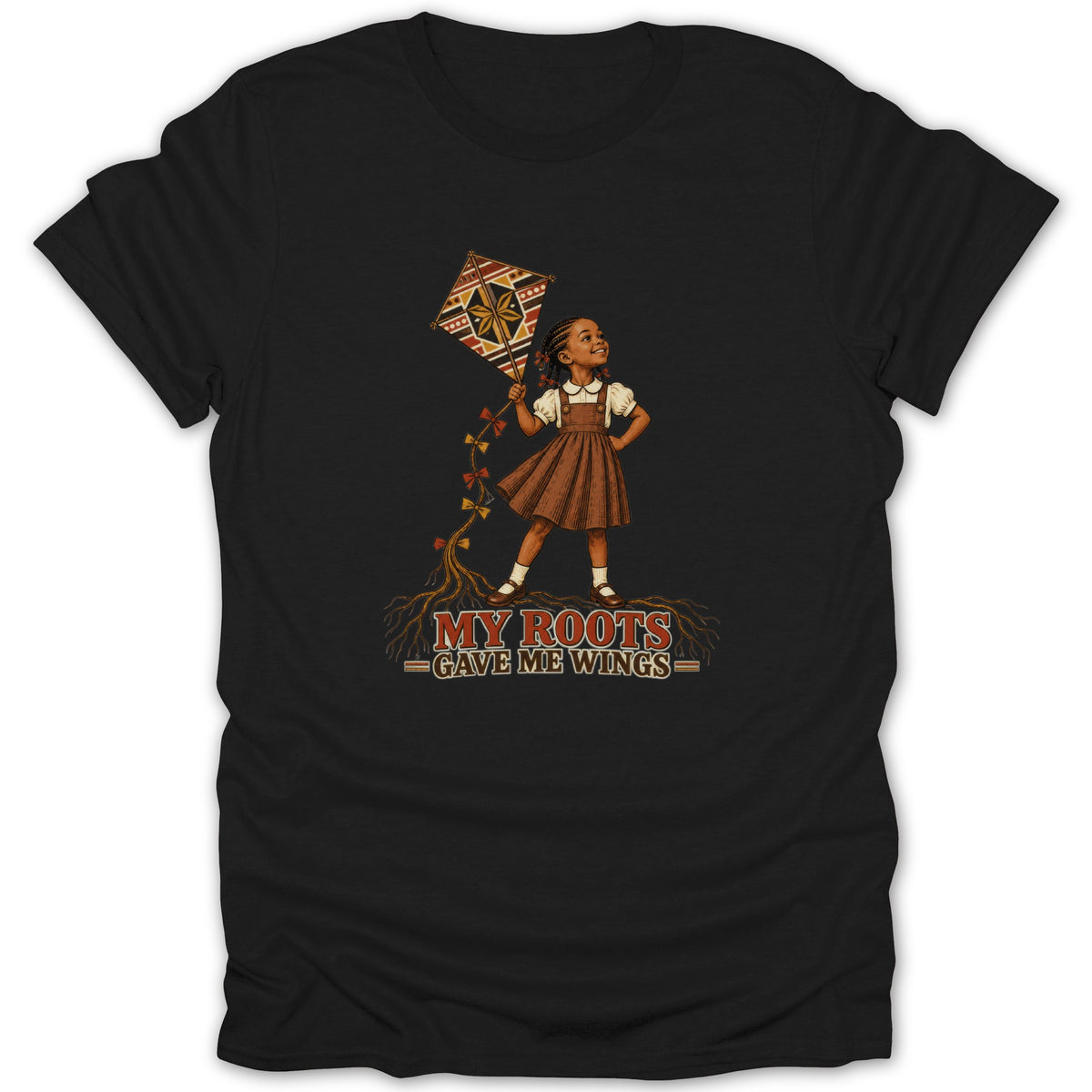 Girl with kite and text "MY ROOTS GAVE ME WINGS" on black t-shirt.