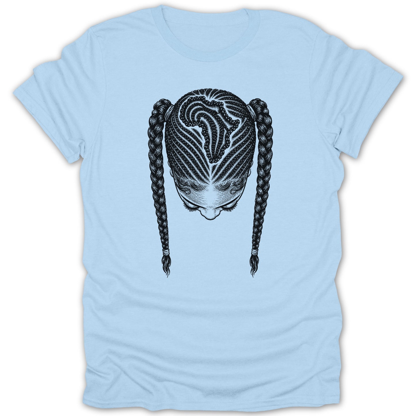 Black and white illustration of a woman's head with braided hair on a light blue t-shirt.