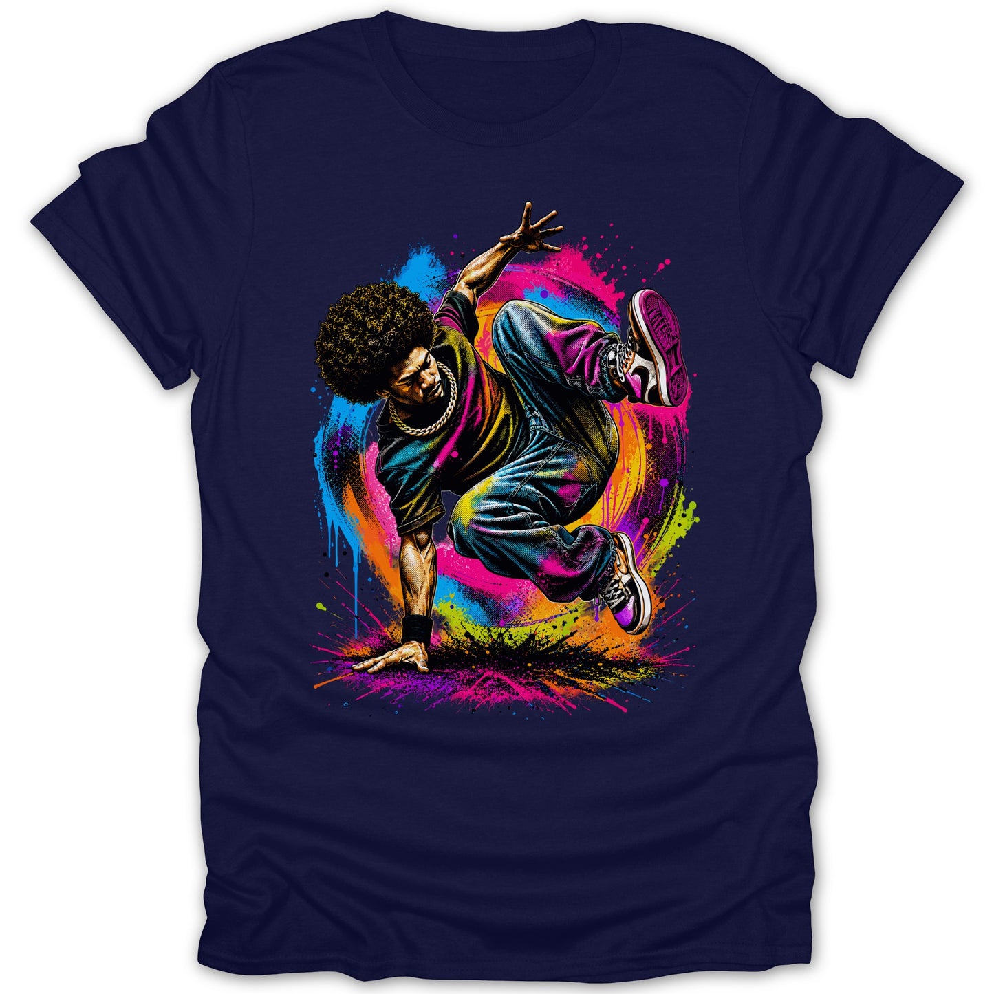 Breakdancer with afro hair on navy t-shirt with colorful spray paint splash.