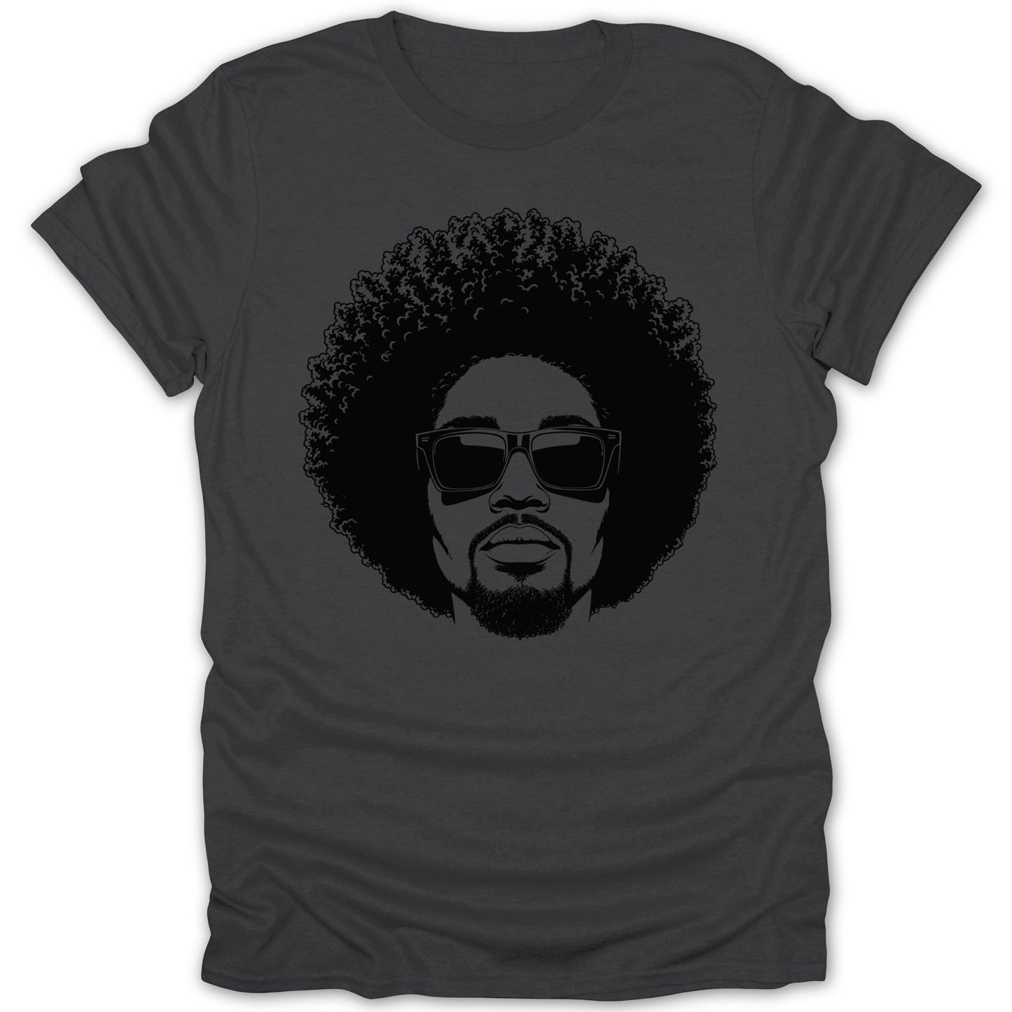 Black graphic of a man with an afro and sunglasses on a dark grey t-shirt.