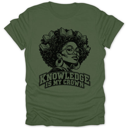 Black illustration of a woman with books in her hair, text "KNOWLEDGE IS MY CROWN".