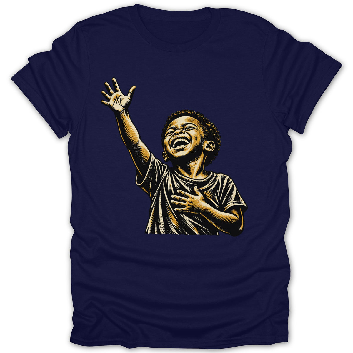 Illustration of a joyful child with arm raised on a navy t-shirt.