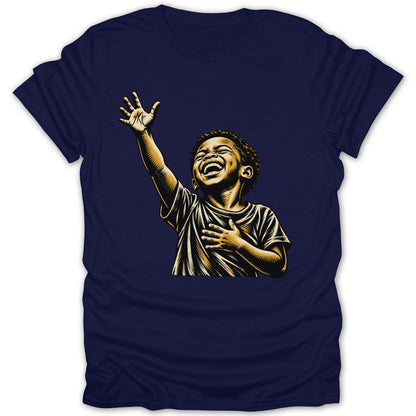 Illustration of a joyful child with arm raised on a navy t-shirt.