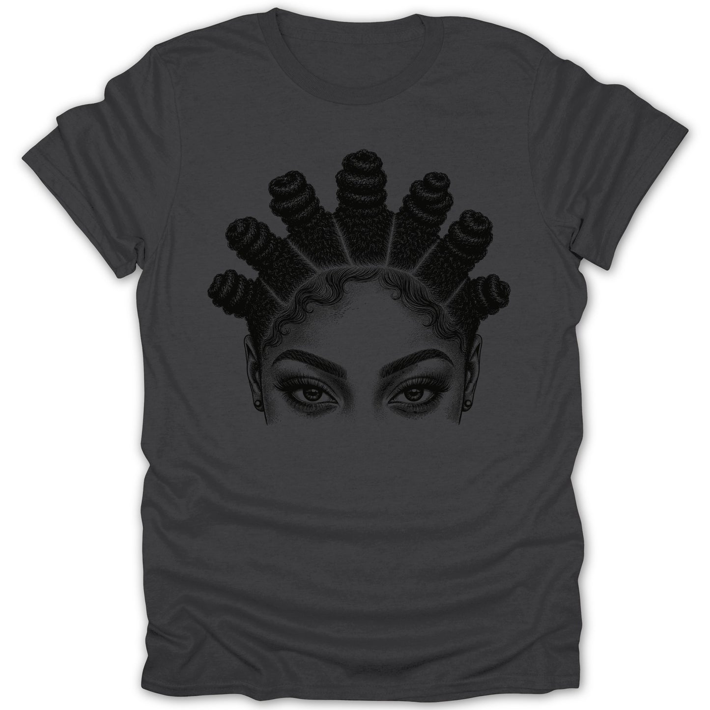 Black graphic print of a woman's eyes and braided hairstyle on a dark grey t-shirt.