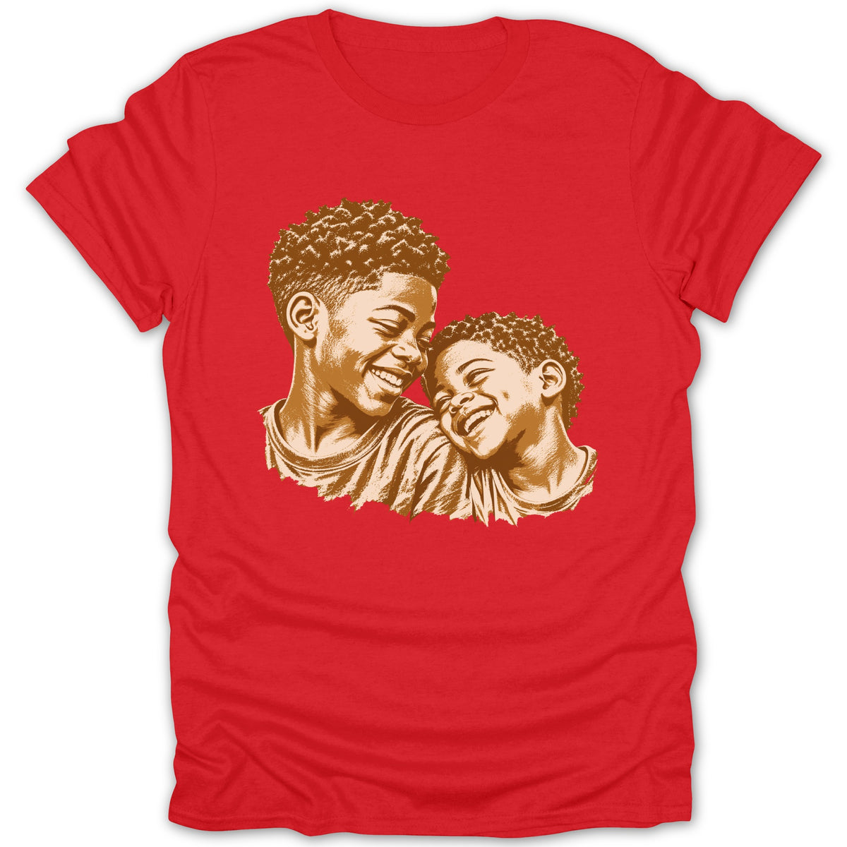 Red t-shirt with a brown graphic of two smiling young brothers.