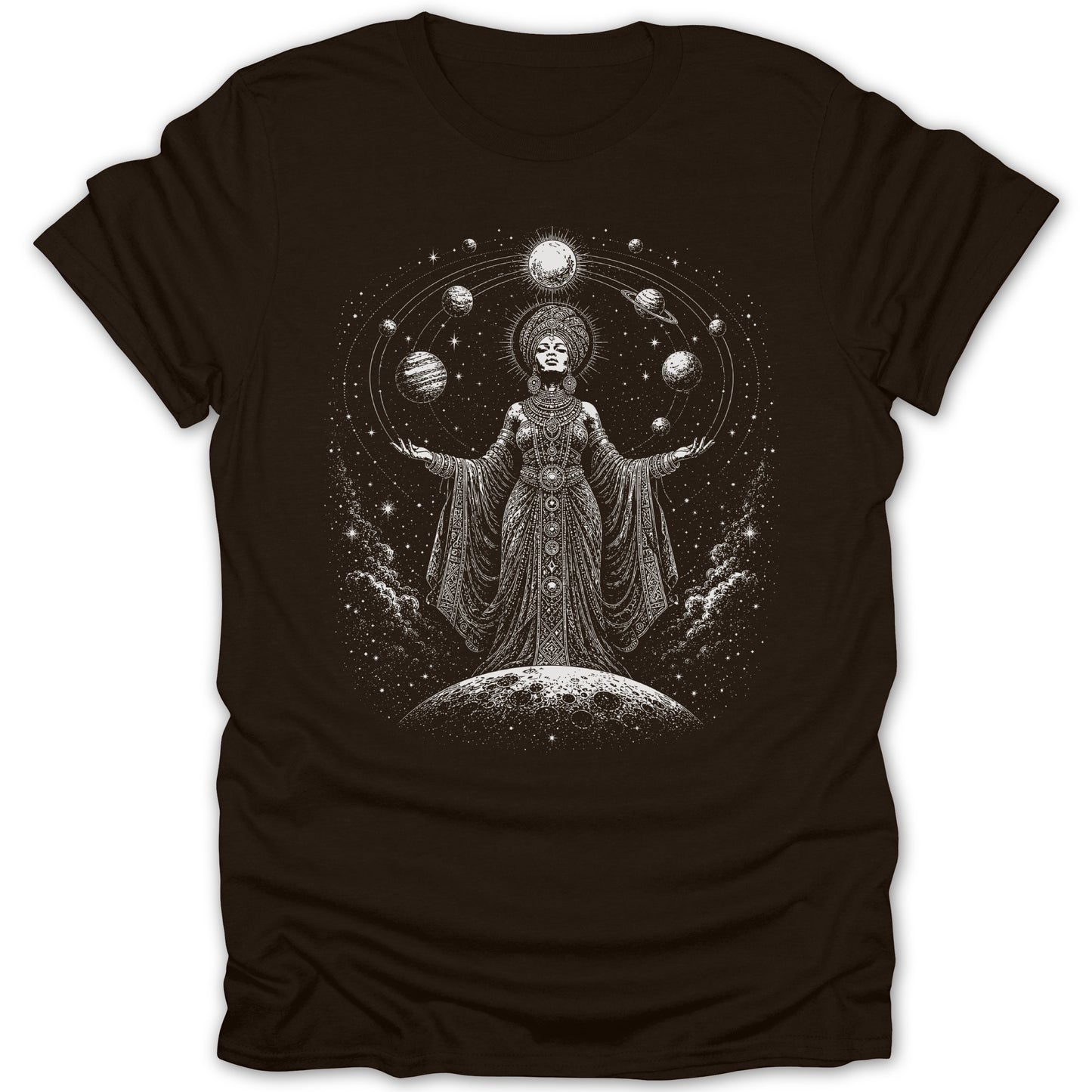 Woman in elaborate celestial gown between planets and stars on dark t-shirt.