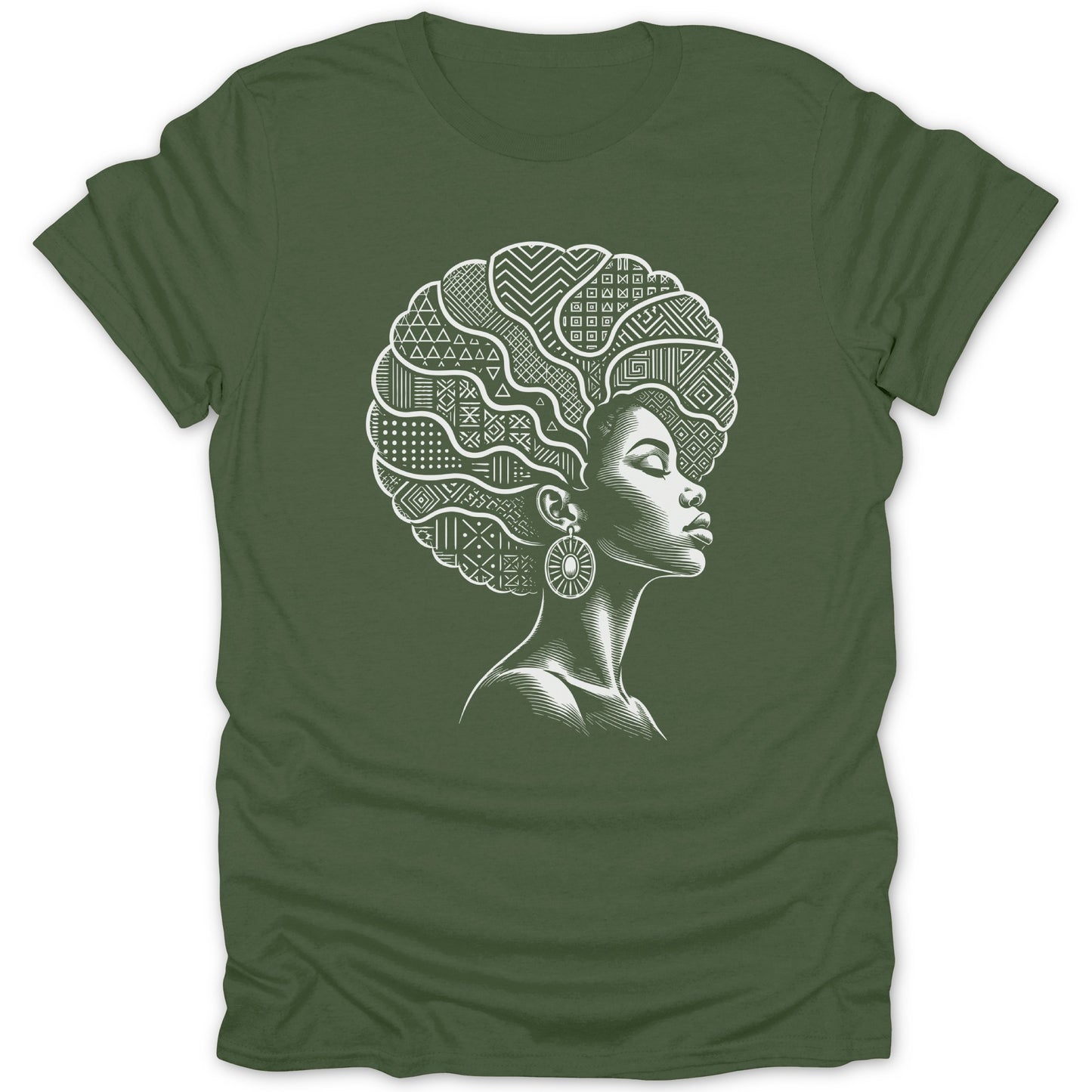 Green t-shirt with white graphic of a woman with afro filled with geometric patterns.