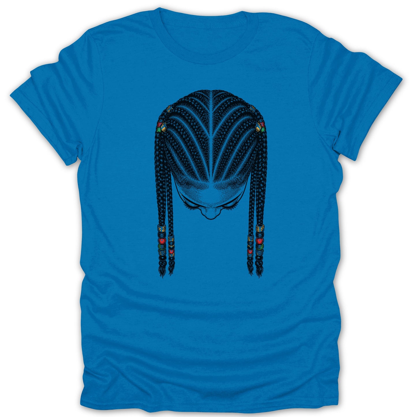 Blue t-shirt with black line art of a woman's head with braided hair and beads.