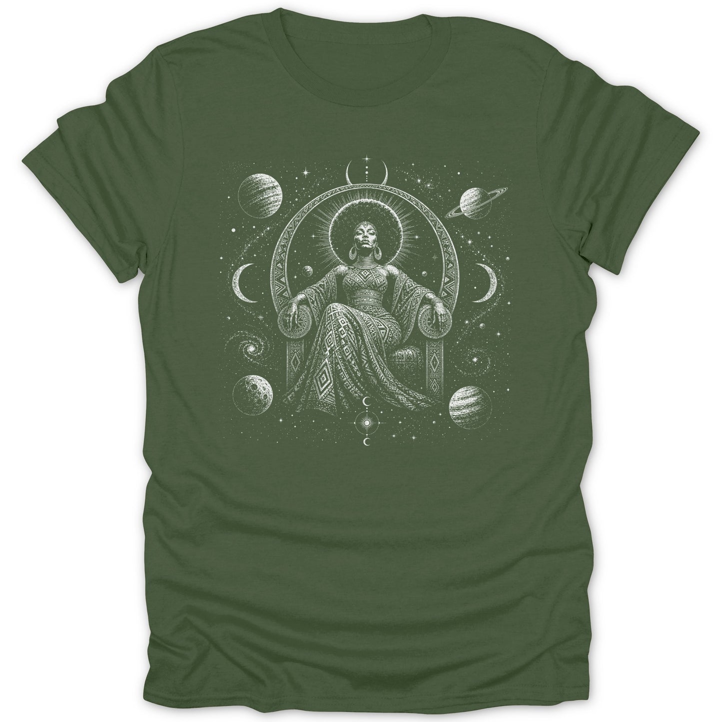 T-shirt graphic of a Black woman seated on a throne surrounded by cosmic elements.