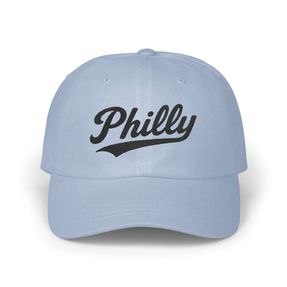 Light blue baseball cap with "Philly" in black script text.