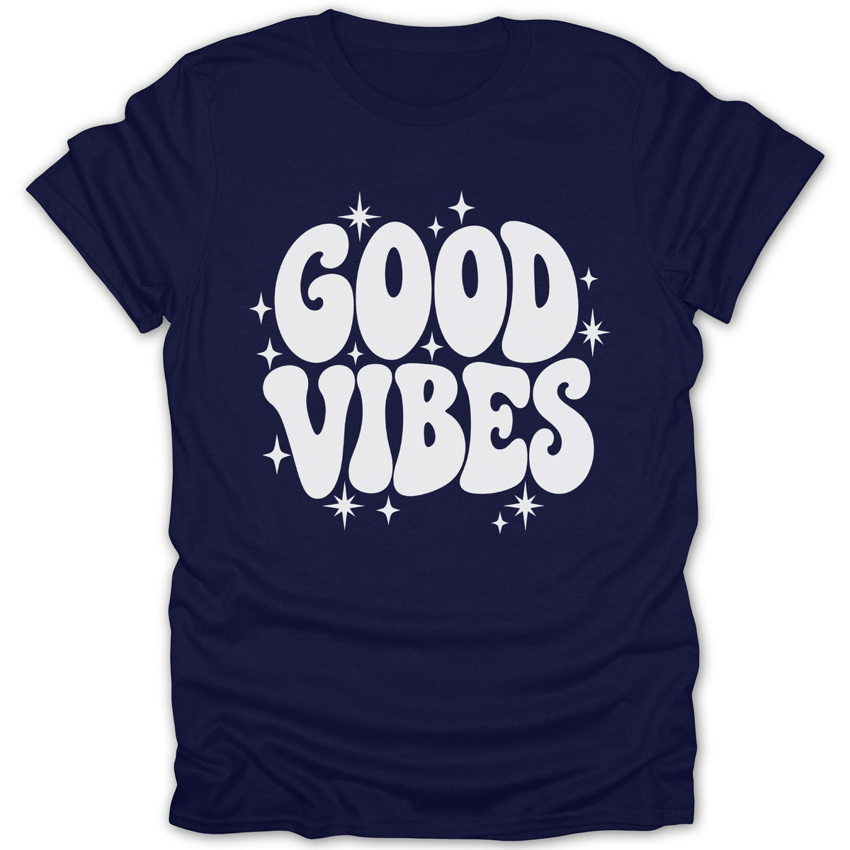 Navy t-shirt with white "GOOD VIBES" text and starbursts.