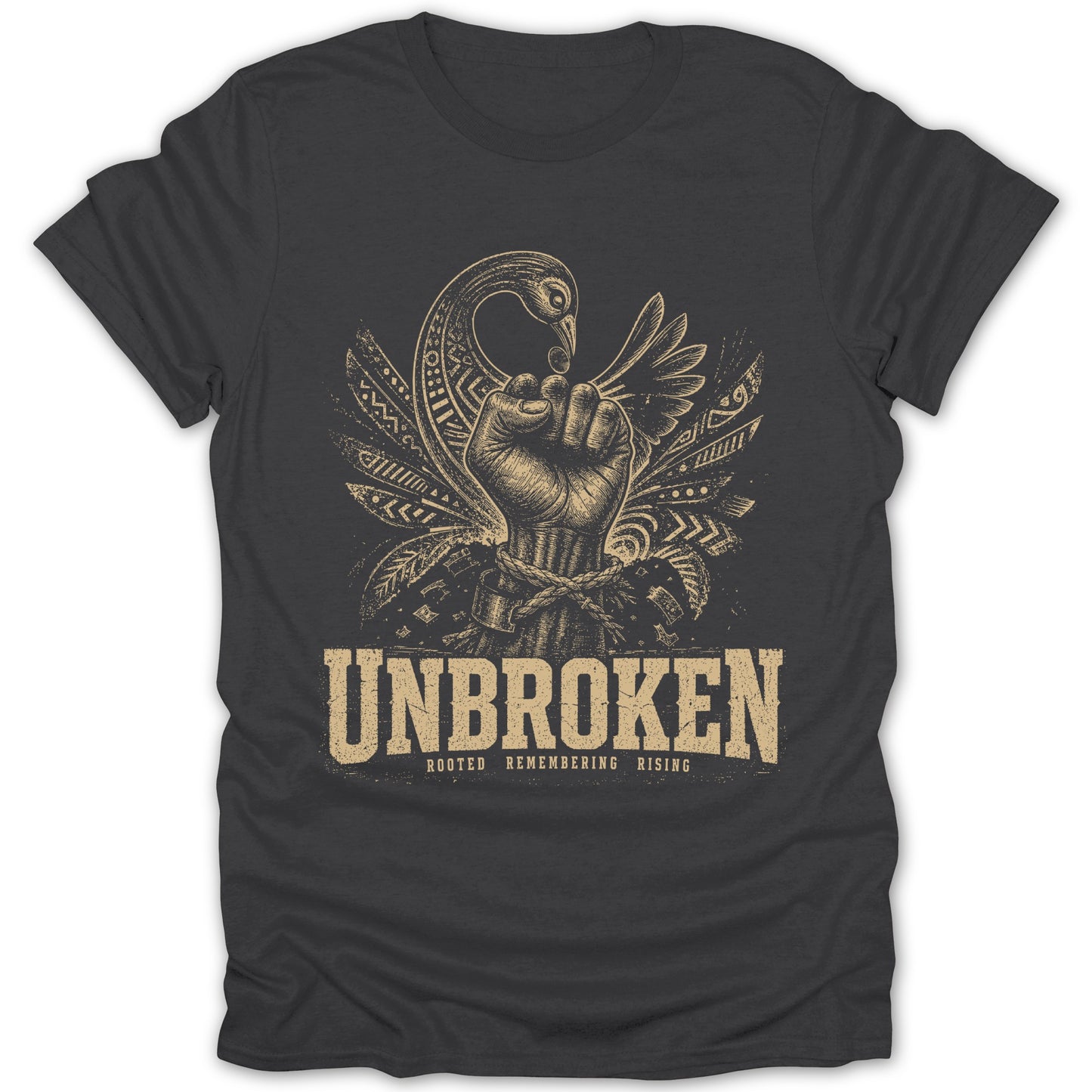 Dark t-shirt with a tan graphic of a fist, bird, and feathers. Text reads "UNBROKEN".