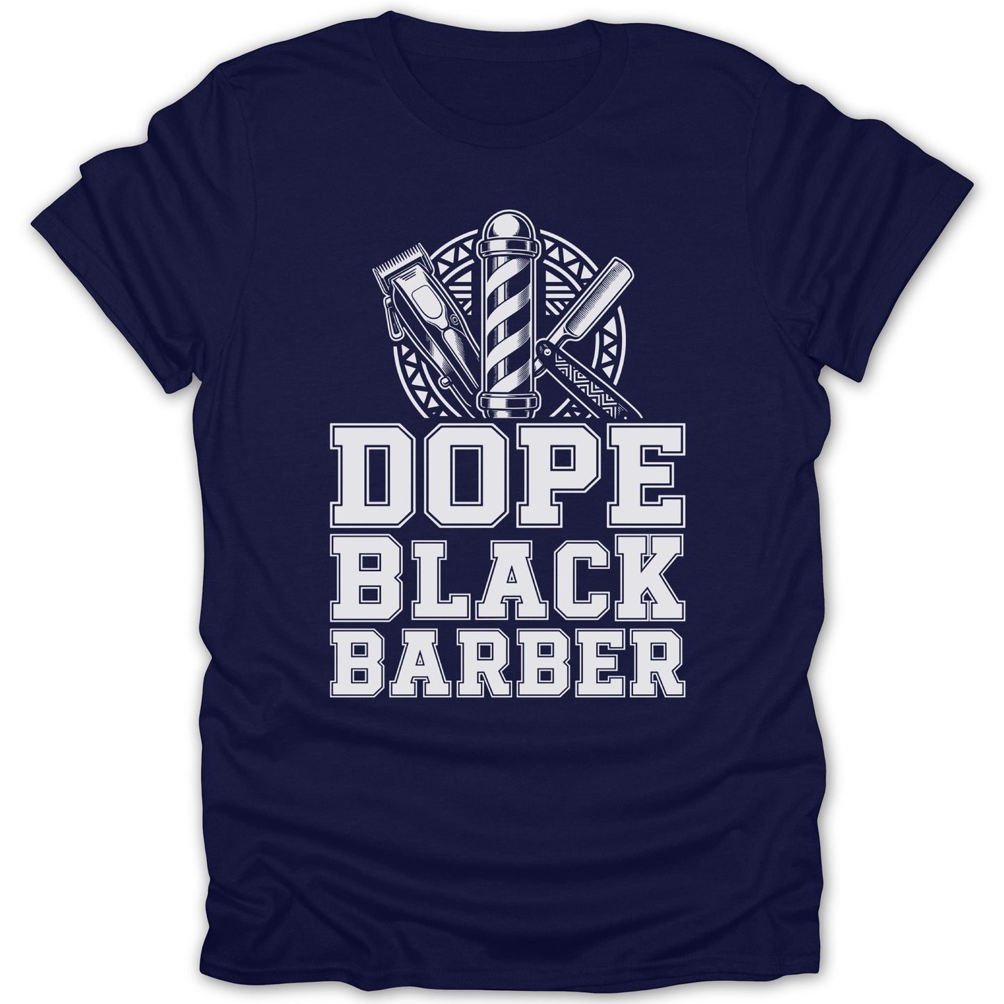 Navy t-shirt with "DOPE BLACK BARBER" text and barber tools graphic.