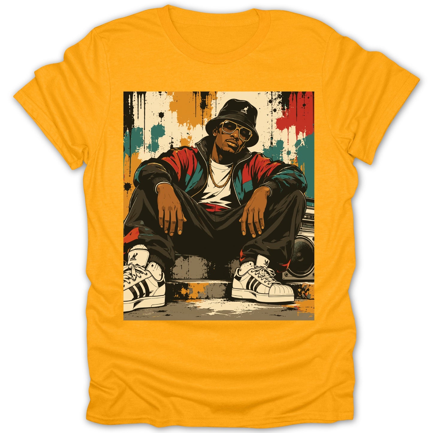 Rapper with bucket hat and boombox graphic on a yellow t-shirt.