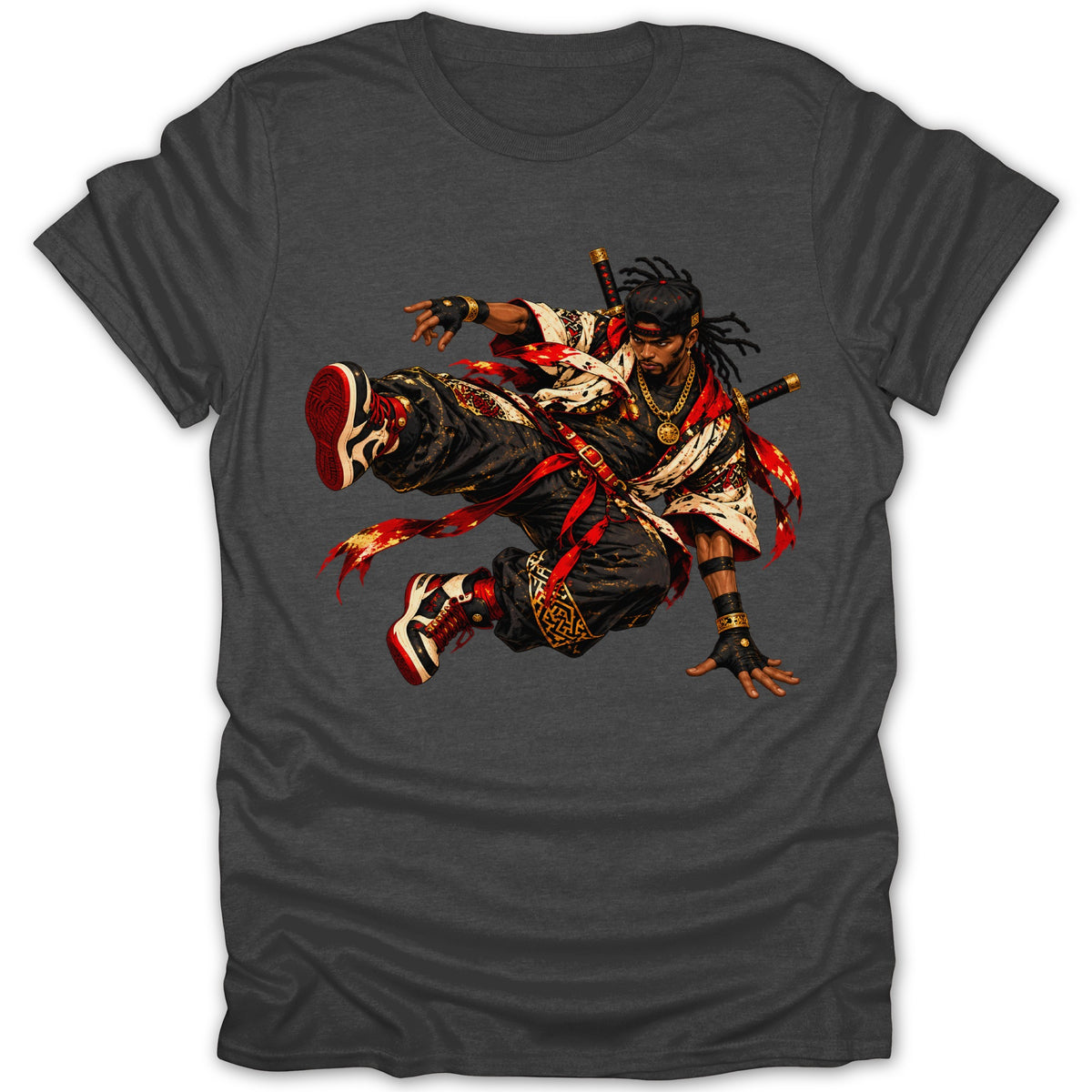 Graphic of a man in samurai-inspired street wear with swords on his back.