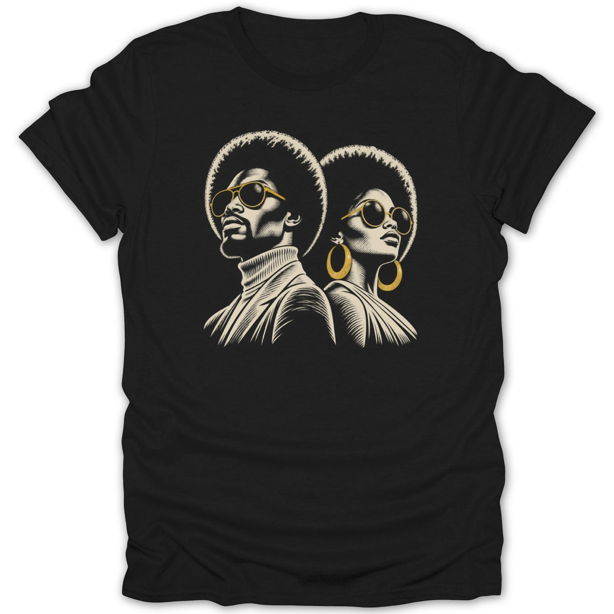 A black t-shirt features a graphic print of a man and woman with afros and sunglasses.