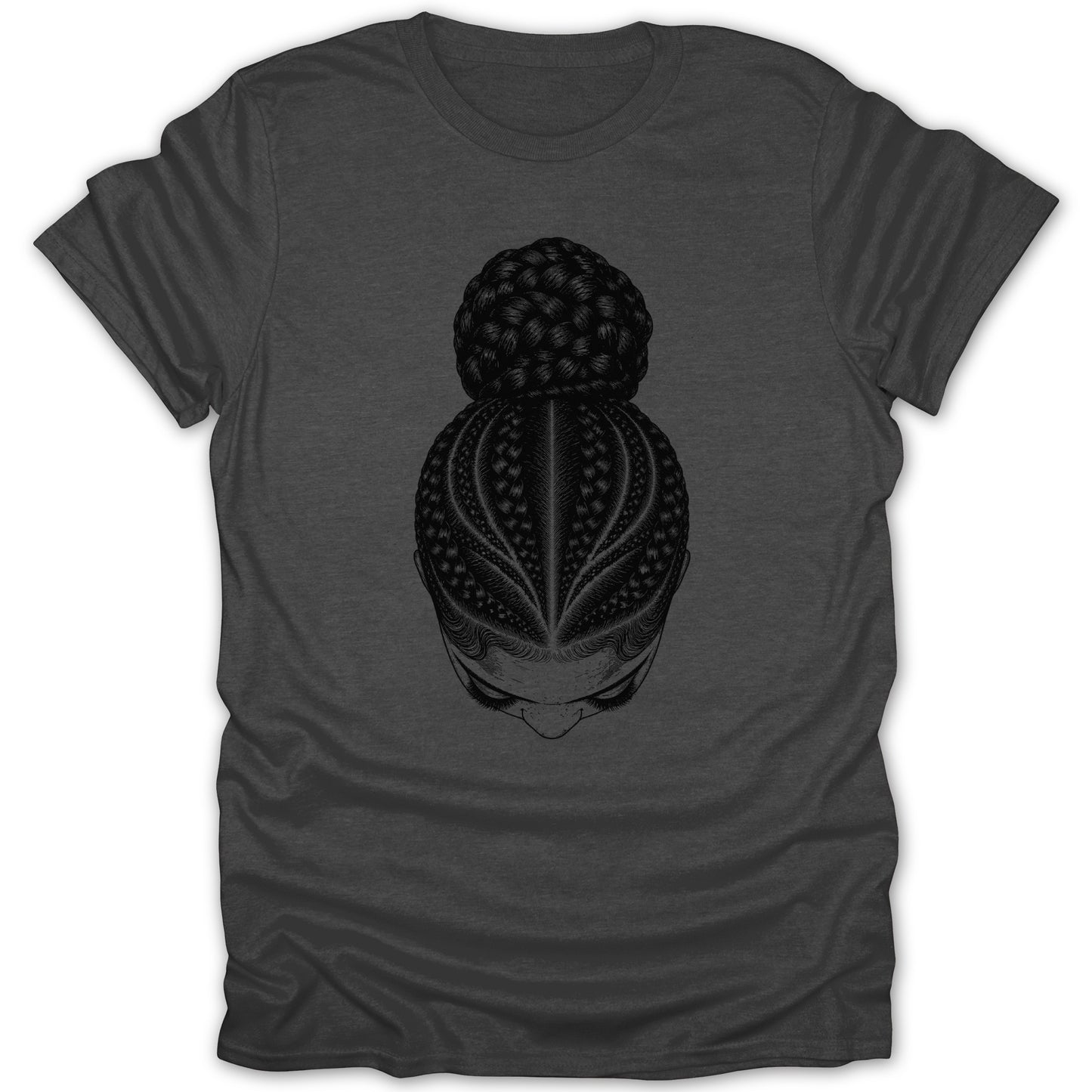 Dark grey t-shirt with black line art of a woman's braided hairstyle in a bun.