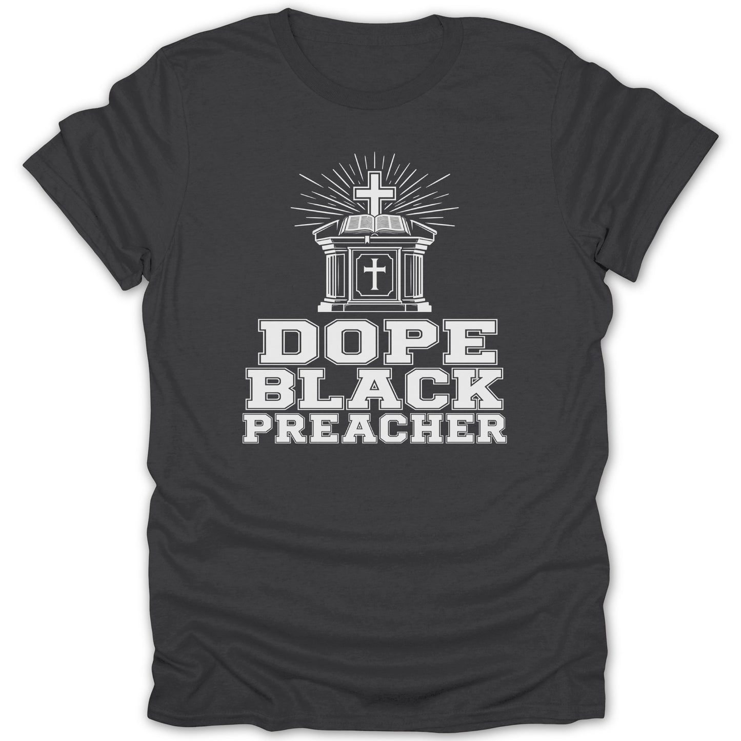 Dope Black Preacher text with a cross and open bible emblem on a dark t-shirt.