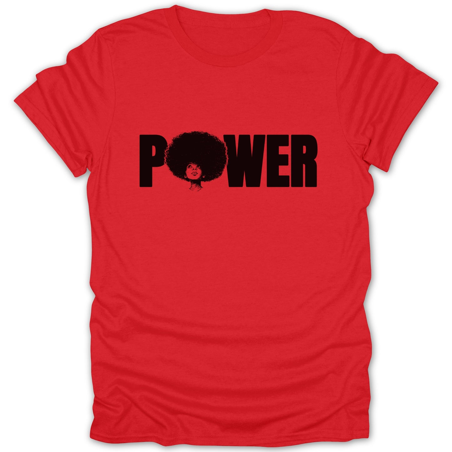 Red t-shirt with black text "POWER" featuring a woman with an afro.