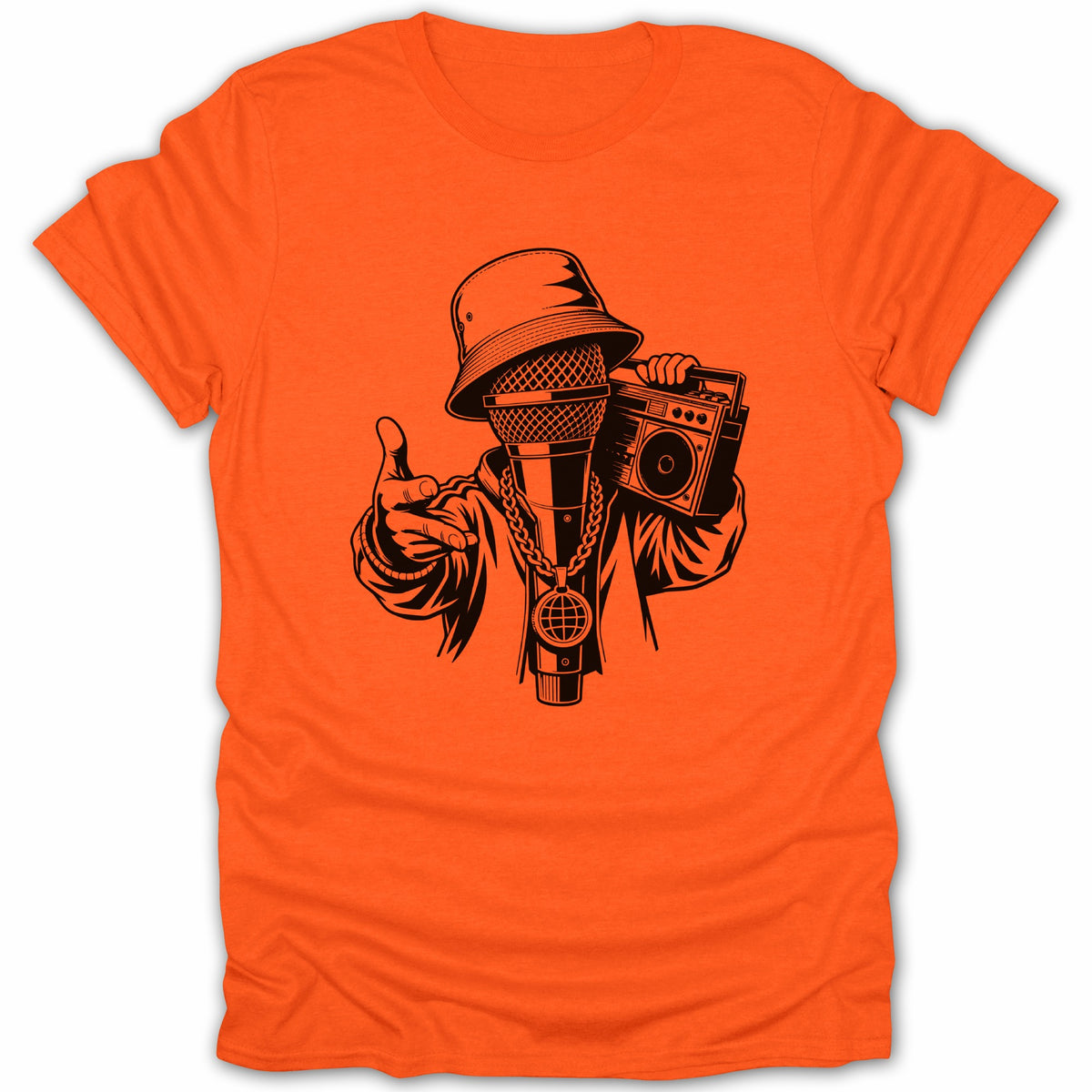 Microphone character with bucket hat, boombox, and chain on an orange t-shirt.