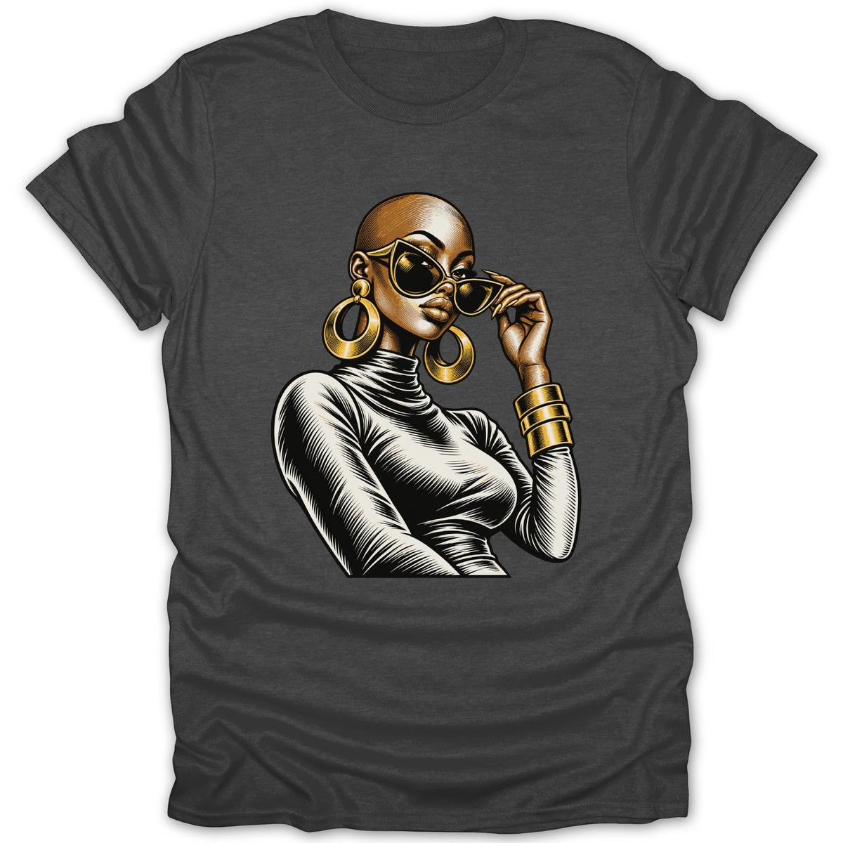 Graphic art of a bald woman wearing sunglasses, large hoop earrings, and gold bangles.