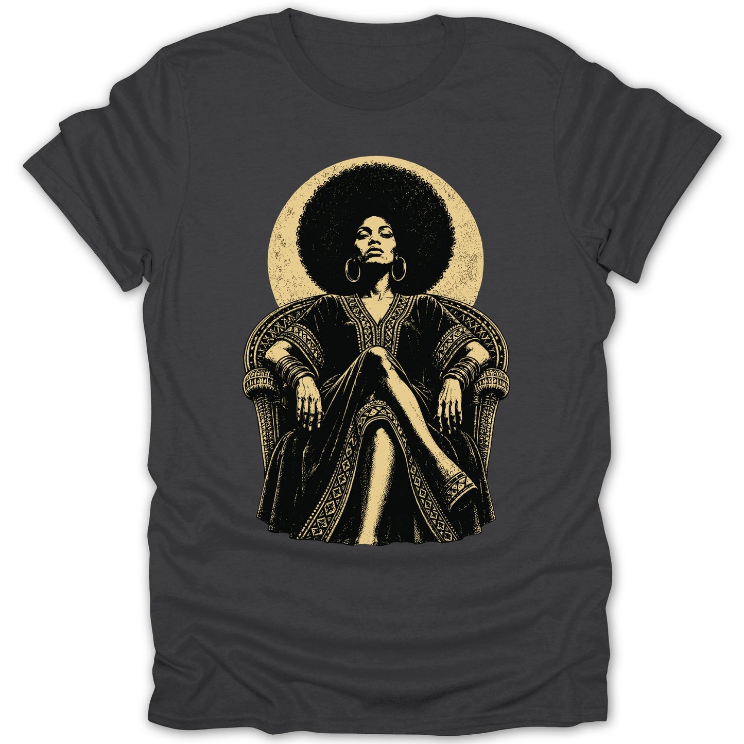 Woman with large afro and ornate dress sits in a chair with a circle behind her.