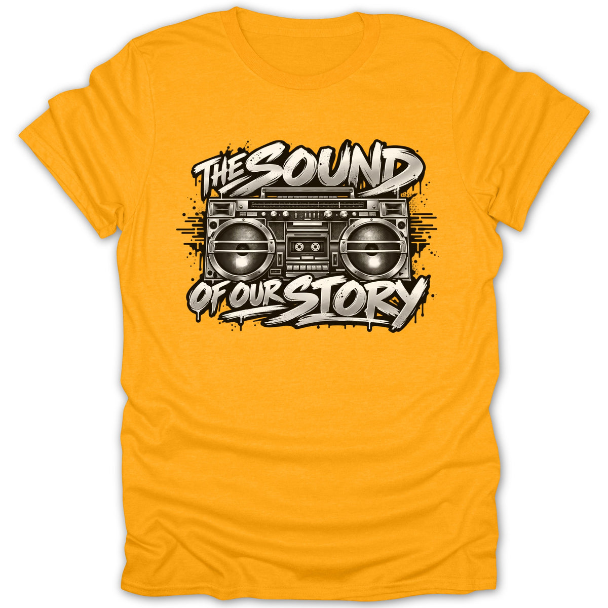 Yellow t-shirt with a graphic of a boombox and text "THE SOUND OF OUR STORY".