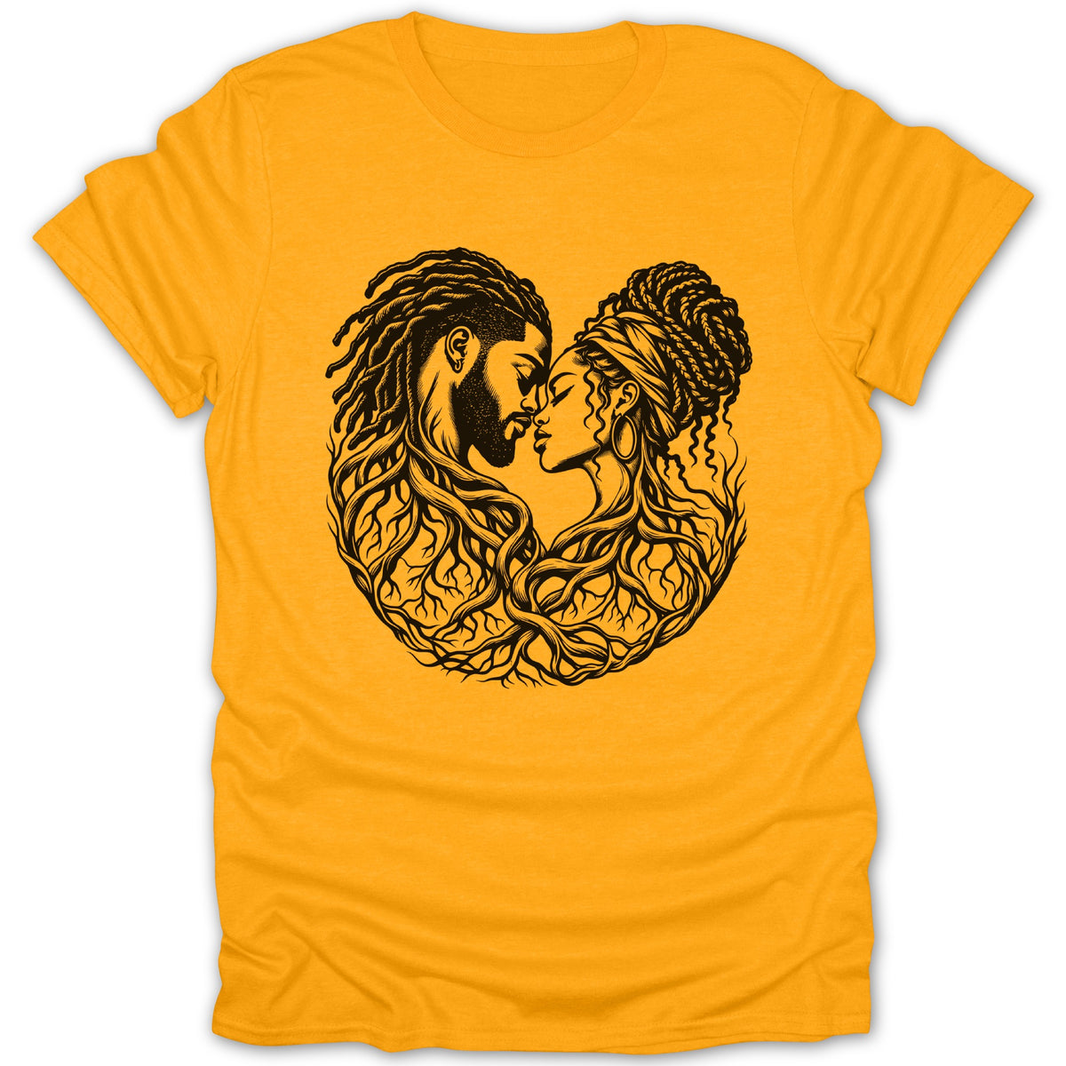 Black line art of a couple's faces formed from tree roots on a yellow t-shirt.