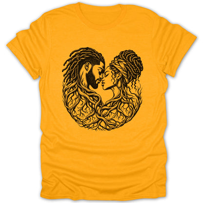 Black line art of a couple's faces formed from tree roots on a yellow t-shirt.
