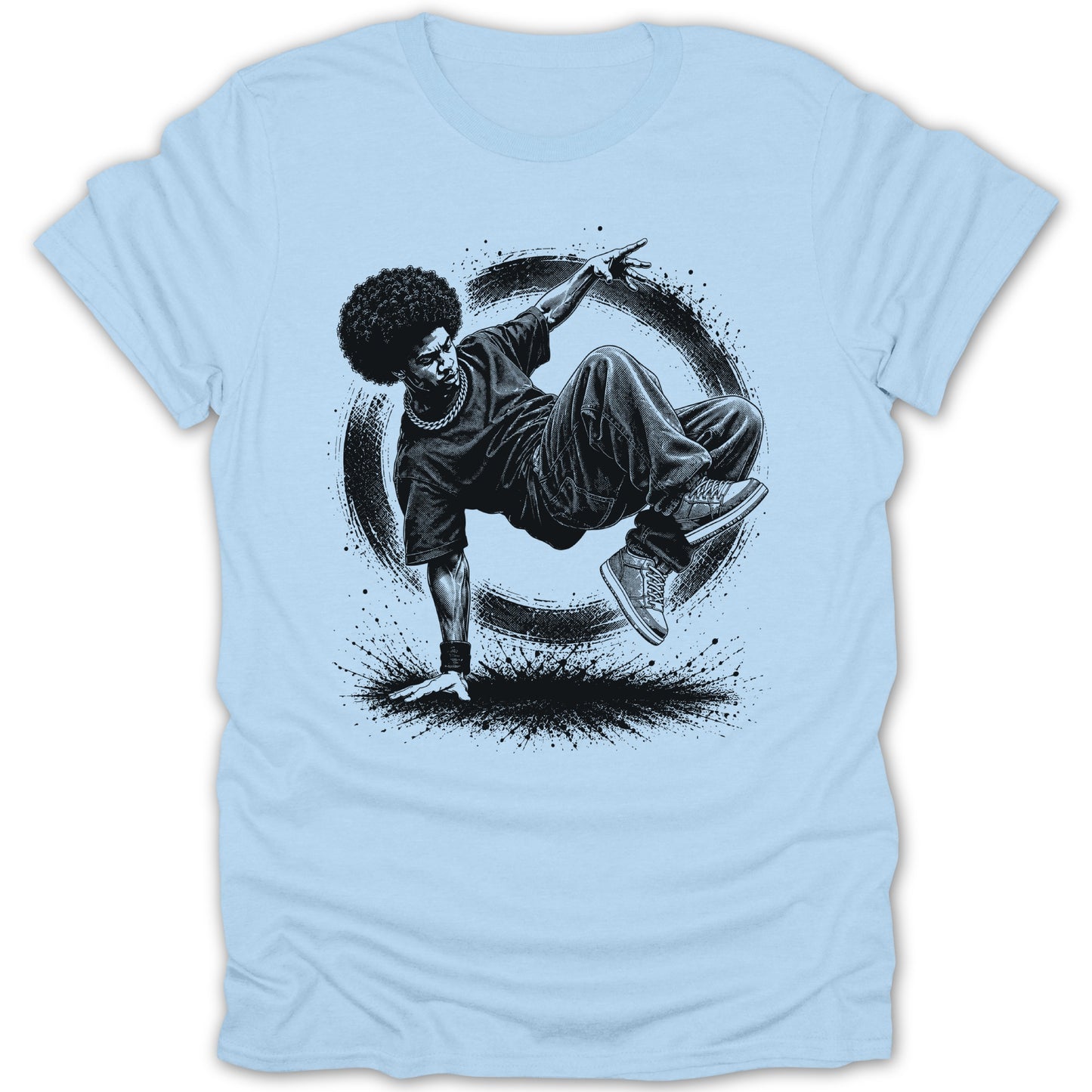 Black and white illustration of a breakdancer in motion on a light blue t-shirt.