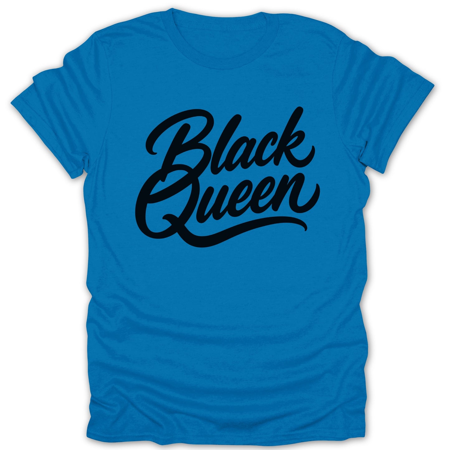 Blue t-shirt with "Black Queen" in black script lettering