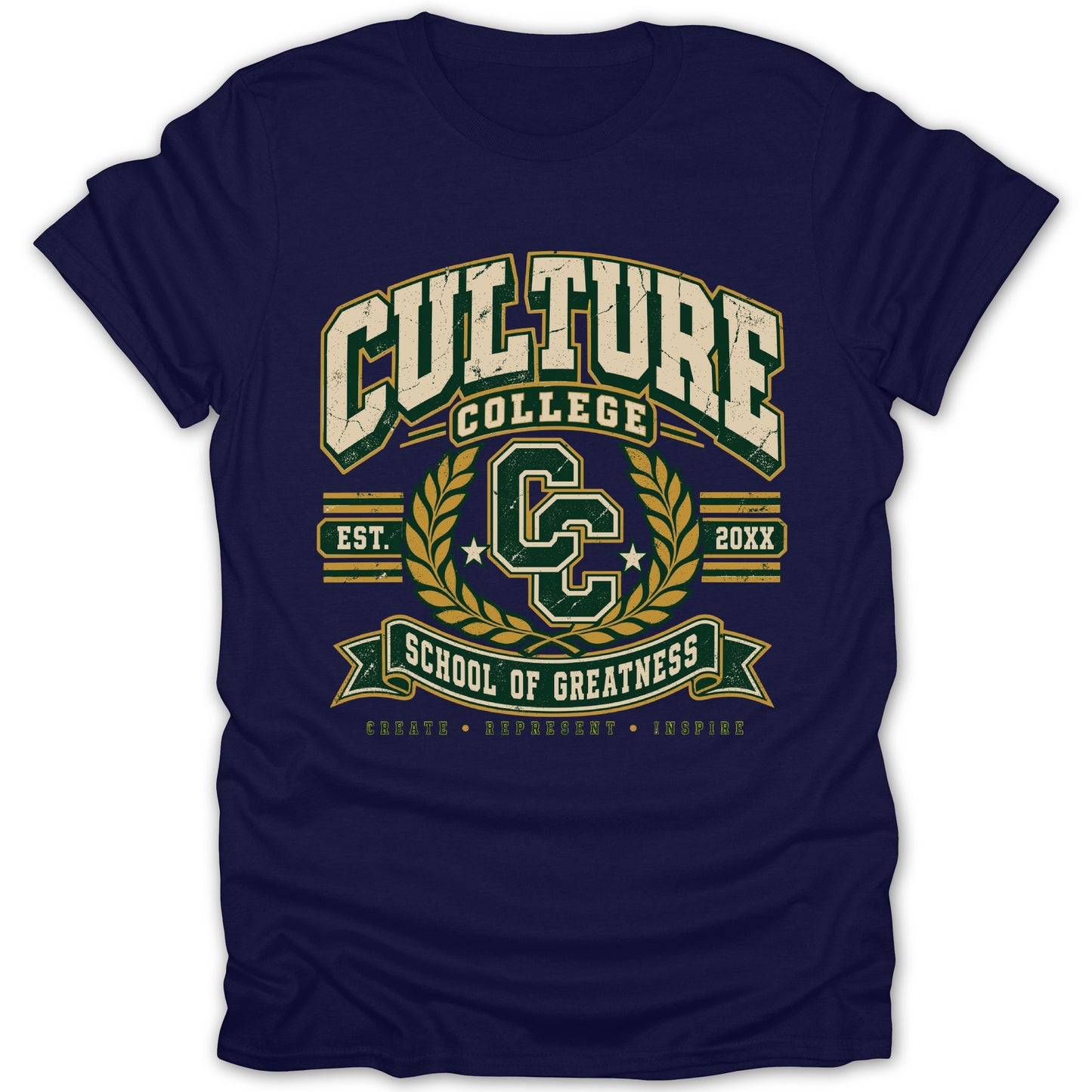 Navy t-shirt with "CULTURE COLLEGE" and "SCHOOL OF GREATNESS" graphic.
