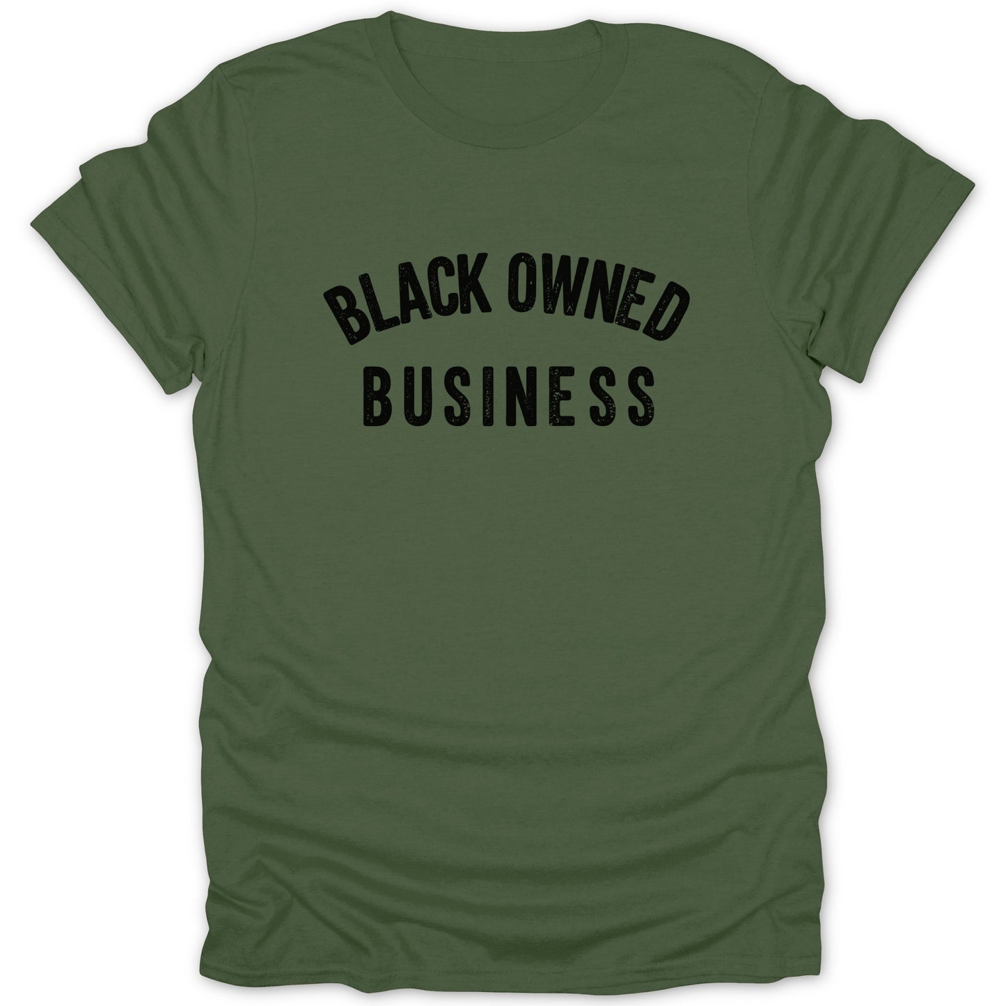 Green t-shirt with "BLACK OWNED BUSINESS" printed in distressed black text.