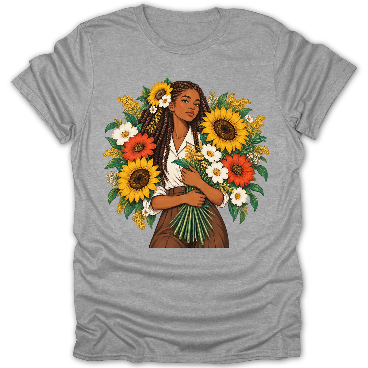 Illustration of a woman holding a bouquet of sunflowers and other flowers.