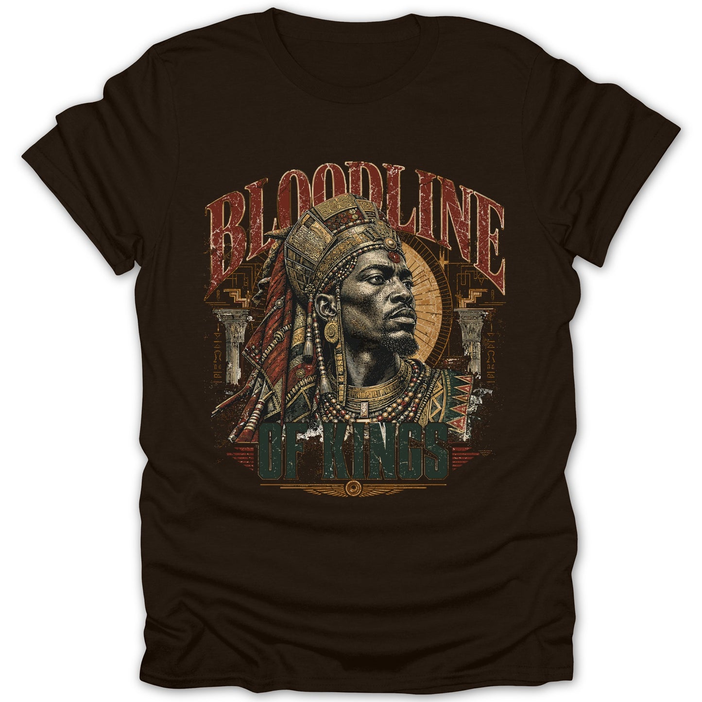 Brown t-shirt with "BLOODLINE OF KINGS" graphic featuring a regal man.