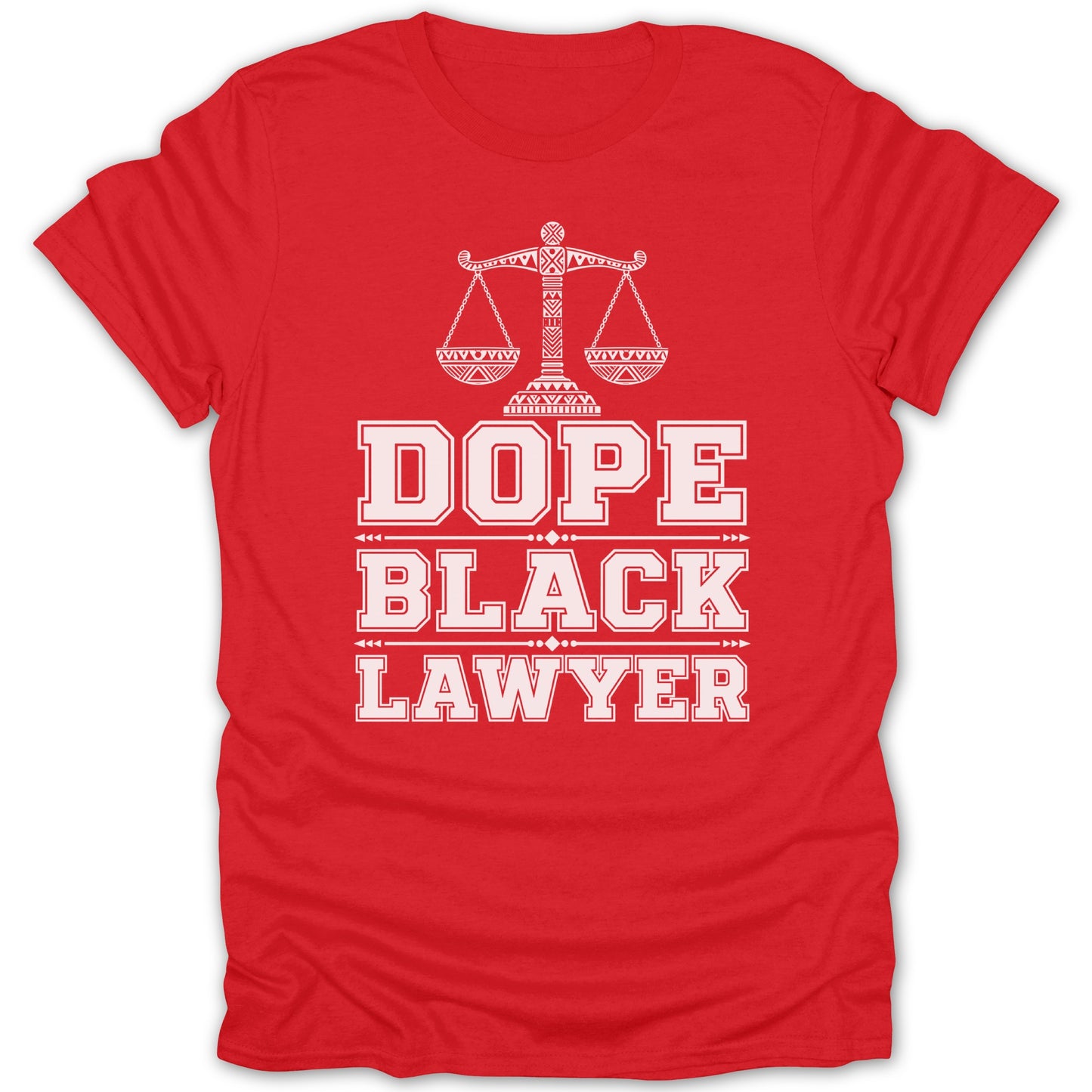 Red t-shirt with white text and scales of justice graphic.