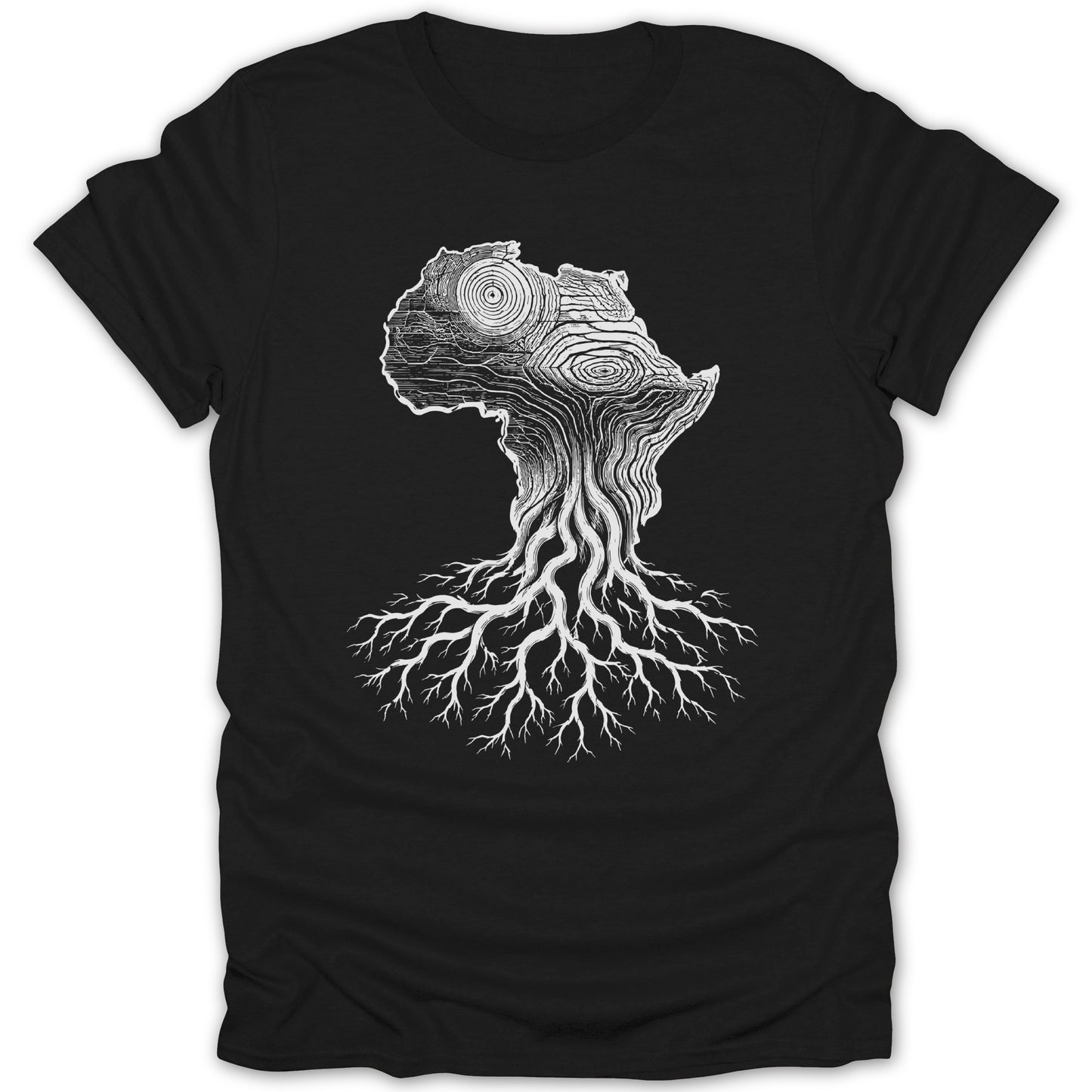 Black t-shirt with white graphic of Africa as a tree with roots.