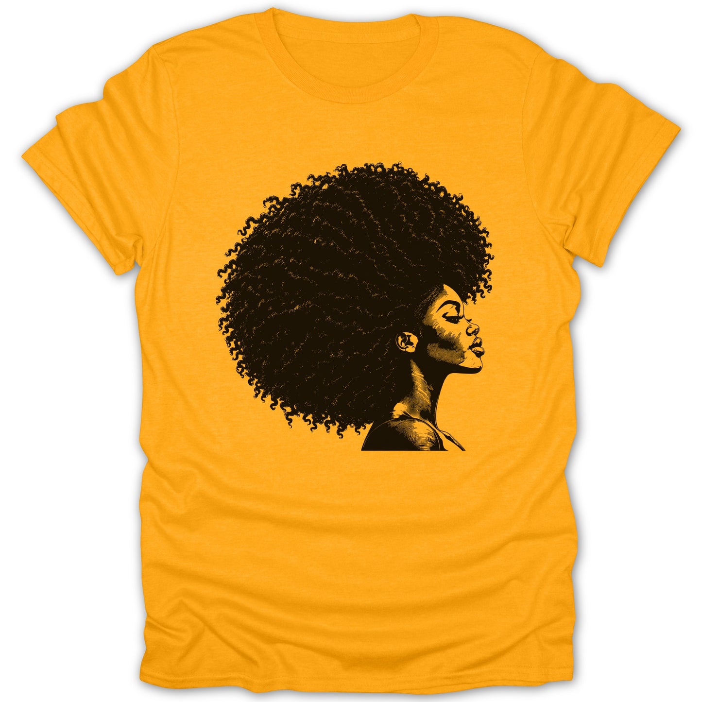 Yellow t-shirt with a black silhouette of a woman with voluminous afro hair.