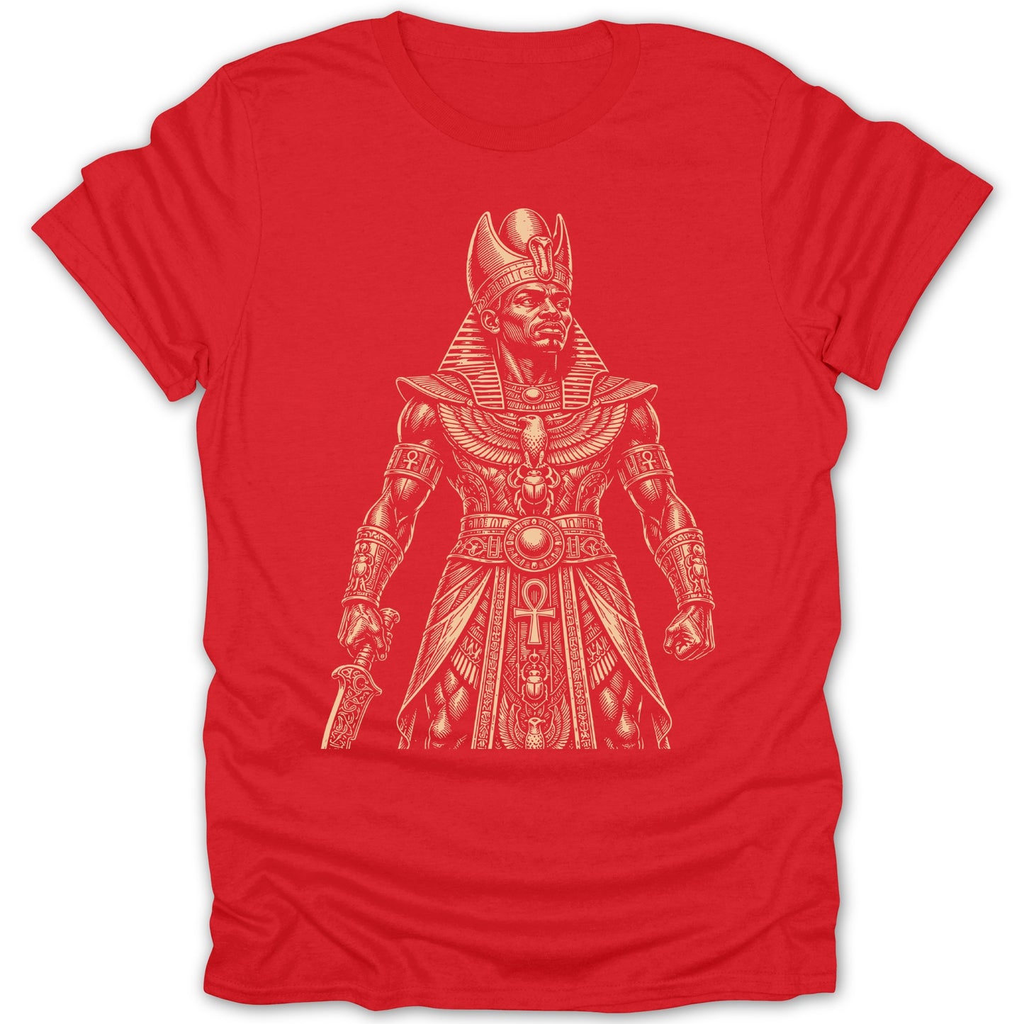 Red t-shirt with a cream-colored drawing of an ancient Egyptian pharaoh holding a sword.