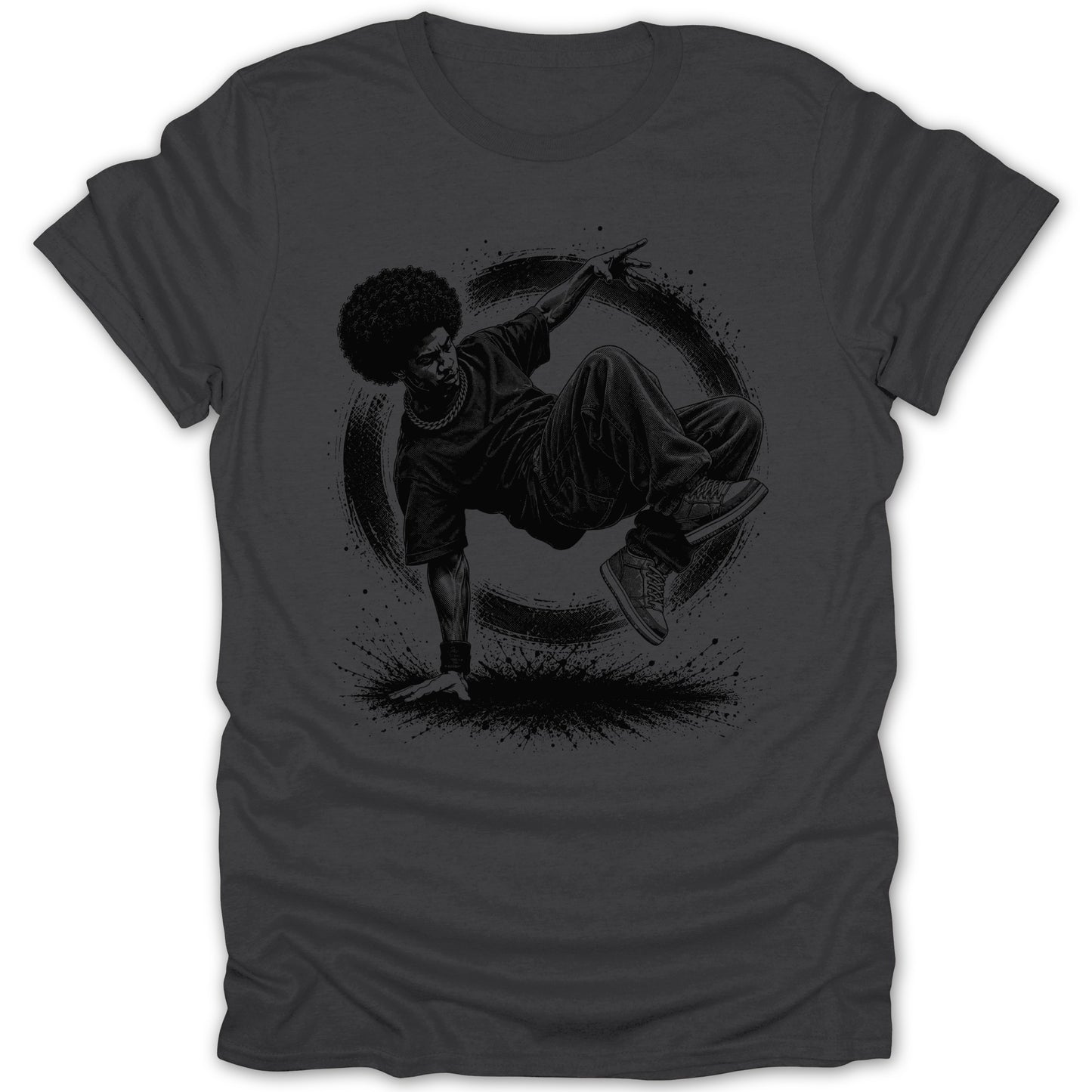 B&W illustration of a breakdancer on a dark grey t-shirt.